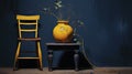 Vivid Contrasts: Lush Lemon Tree in a Sunny Yellow Pot with a Blue Stool Against a Dark Wall. Royalty Free Stock Photo