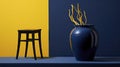 Vivid Contrasts: Lush Lemon Tree in a Sunny Yellow Pot with a Blue Stool Against a Dark Wall. Royalty Free Stock Photo