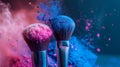 Vivid cosmetic brushes with colorful shadows, dynamic movement in high resolution macro photography