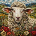 Vivid crewel embroidery sheep with a scenic landscape backdrop