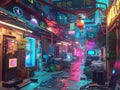 A vivid 3D illustration of a cyberpunk alleyway lit with neon signs and lanterns, creating a moody and atmospheric urban scene at