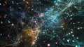 Vibrant network of interconnected colorful nodes and lines in cosmic space