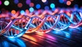 A vivid depiction of DNA strands illuminated with multicolored lights against a dark backdrop