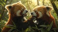 Vivid depiction of playful red pandas frolicking in a bamboo forest under dappled sunlight