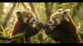 Vivid depiction of playful red pandas wrestling in bamboo forest under dappled sunlight