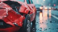 A vivid depiction of a red car\'s front end crumpled post-accident on a rainy, reflective street Generative AI Illustration