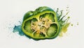A vivid depiction of a sliced green bell pepper, surrounded by dynamic splashes of watercolor in shades of green and blue