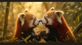 Vivid depiction of two red pandas frolicking in bamboo forest, sunlight filtering through leaves