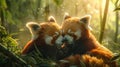 Vivid depiction of two red pandas frolicking in a bamboo forest under dappled sunlight