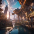 Vivid depiction of a virtual reality gaming world, with towering architecture and fantastical creatures1