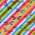 Vivid diagonal striped seamless pattern with colorful translucent dragonflies Royalty Free Stock Photo