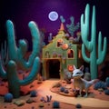 Vivid digital art of desert home with coyote