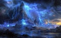 A vivid digital artwork capturing an electrifying scene of mountains under a tempestuous night sky, lit by intense