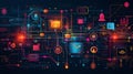 Vivid digital backdrop illustrating a high-tech network with various computer and internet symbols, featuring circuit lines, Royalty Free Stock Photo