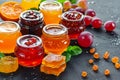 A vivid display of assorted fruit jams and golden honey jars Royalty Free Stock Photo