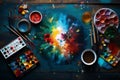 A vivid display of spilled artist palette oil paints and brushes arranged on blue wooden boards