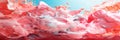 Vivid dynamic splash of red and white liquid in motion against blue background banner. Panoramic web header. Wide screen Royalty Free Stock Photo