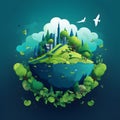 A vivid Earth illustrated planet with cities, trees and terraced urban landscapes in dark green and blue