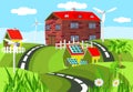 Vivid farmland, colored farm houses among green hills with roads