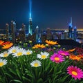 A vivid flower capturing the attention in the foreground and a bright modern city contrasting with the calm of nature