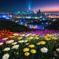 A vivid flower capturing the attention in the foreground and a bright modern city contrasting with the calm of nature