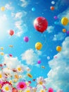 Vivid flowers with colorful balloons floating under a blue sky