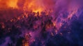 Vivid forest conflagration from above at sunset, trees ablaze with orange and purple sky backdrop. Forest fires Royalty Free Stock Photo