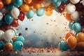 Vivid frame balloons, streamers, confetti on a lively backdrop with available text area