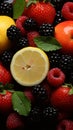 Vivid fruit array, berries, citrus, apples, liquidized juices A vibrant, healthy ensemble Royalty Free Stock Photo