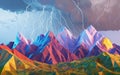 Vivid geometric mountains under dramatic stormy sky with lightning striking during a colorful sunset Royalty Free Stock Photo