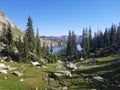 Vivid green, glacial valley with lake and mountains