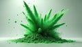 Vivid green powder explodes from pile on light background. This dynamic burst creates fluffy plumes, tiny floating particles, Royalty Free Stock Photo