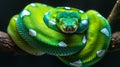 Vivid green serpent in lush jungle habitat, close up wildlife portrait of a snake in the wild