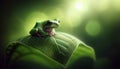 A vivid green tree frog perched serenely on a vibrant leaf. Royalty Free Stock Photo