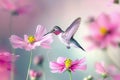 Vivid hummingbirds flying, aiming for colorful flower nectar, a stunning display of nature s beauty