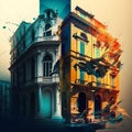 Vivid Hyper-Realistic Image Showcasing an Eclectic City space of Antique Baroque, Modernism, and Empire Styles in Saturated Colors