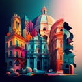 Vivid Hyper-Realistic Image Showcasing an Eclectic City space of Antique Baroque, Modernism, and Empire Styles in Saturated Colors