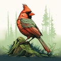 Vivid Hyperrealistic Illustration Of A Red Cardinal In The Mountain Forest