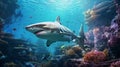 Vivid Hyperrealistic Underwater Coral Scene With A Big Shark