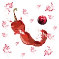 A vivid illustration of chili pepper and apple on a background of red petals,a beautiful illustration in an abstract theme