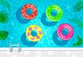 A vivid illustration of the water texture in the pool with inflatable circles for swimming top view. vector