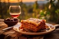 a layered lasagna on a rustic table, with Tuscan countryside in soft sunset light. Royalty Free Stock Photo