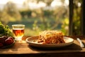 a layered lasagna on a rustic table, with Tuscan countryside in soft sunset light.