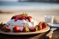 A vivid image of a berry-topped Pavlova against a sunny Australian Christmas beach scene. Royalty Free Stock Photo