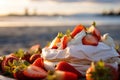 A vivid image of a berry-topped Pavlova against a sunny Australian Christmas beach scene. Royalty Free Stock Photo