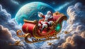 Santa in sleigh above clouds with a teal planet, golden drones, and stars backdrop.Generative AI Royalty Free Stock Photo