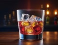 In this vivid image, a crystal clear glass is decorated with rich shades of alcoholic drink,