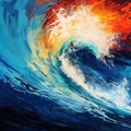 Vivid Impressionist Painting of Cresting Wave with Surfer