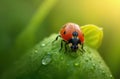 A vivid ladybug crawling on a dewy green leaf in a bright summer meadow Royalty Free Stock Photo