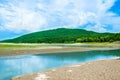 Vivid landscape of mountains river and sky water sand